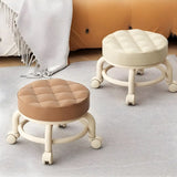 Beige Round Faux Leather Small Sliding Ottoman Stool Image - 4