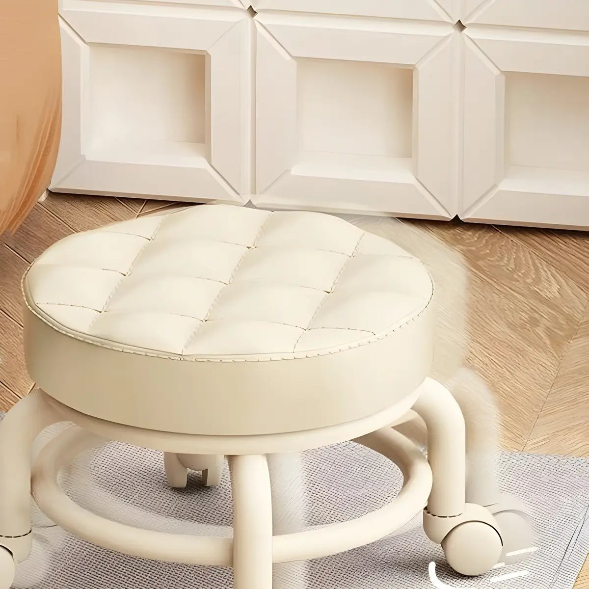 Beige Round Faux Leather Small Sliding Ottoman Stool Image - 10