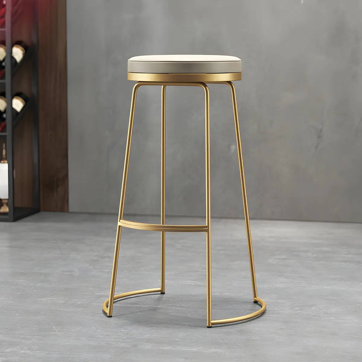 Beige Round Leather Backless Sled Metal Bar Stools Image - 1