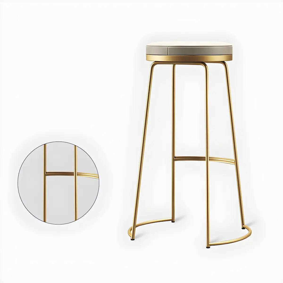 Beige Round Leather Backless Sled Metal Bar Stools Image - 14