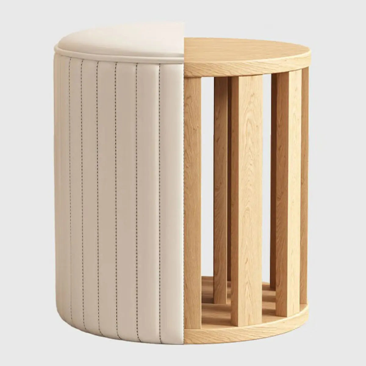 Beige Round Upholstered Vanity Stool with Wooden Base Image - 16