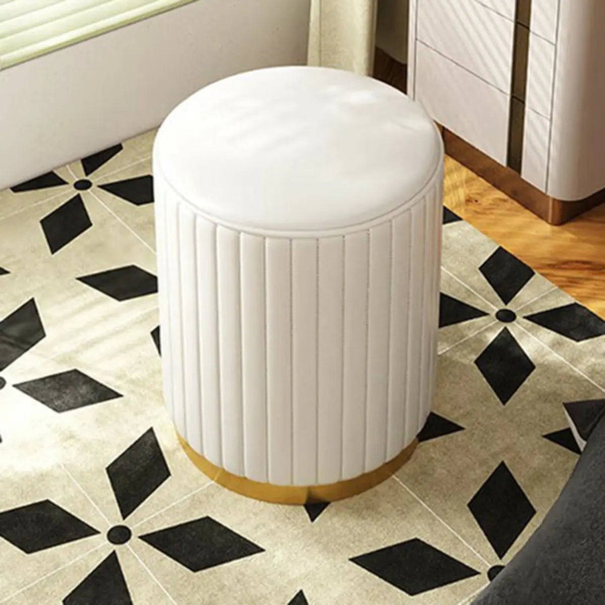 Beige Round Upholstered Vanity Stool with Wooden Base Image - 21