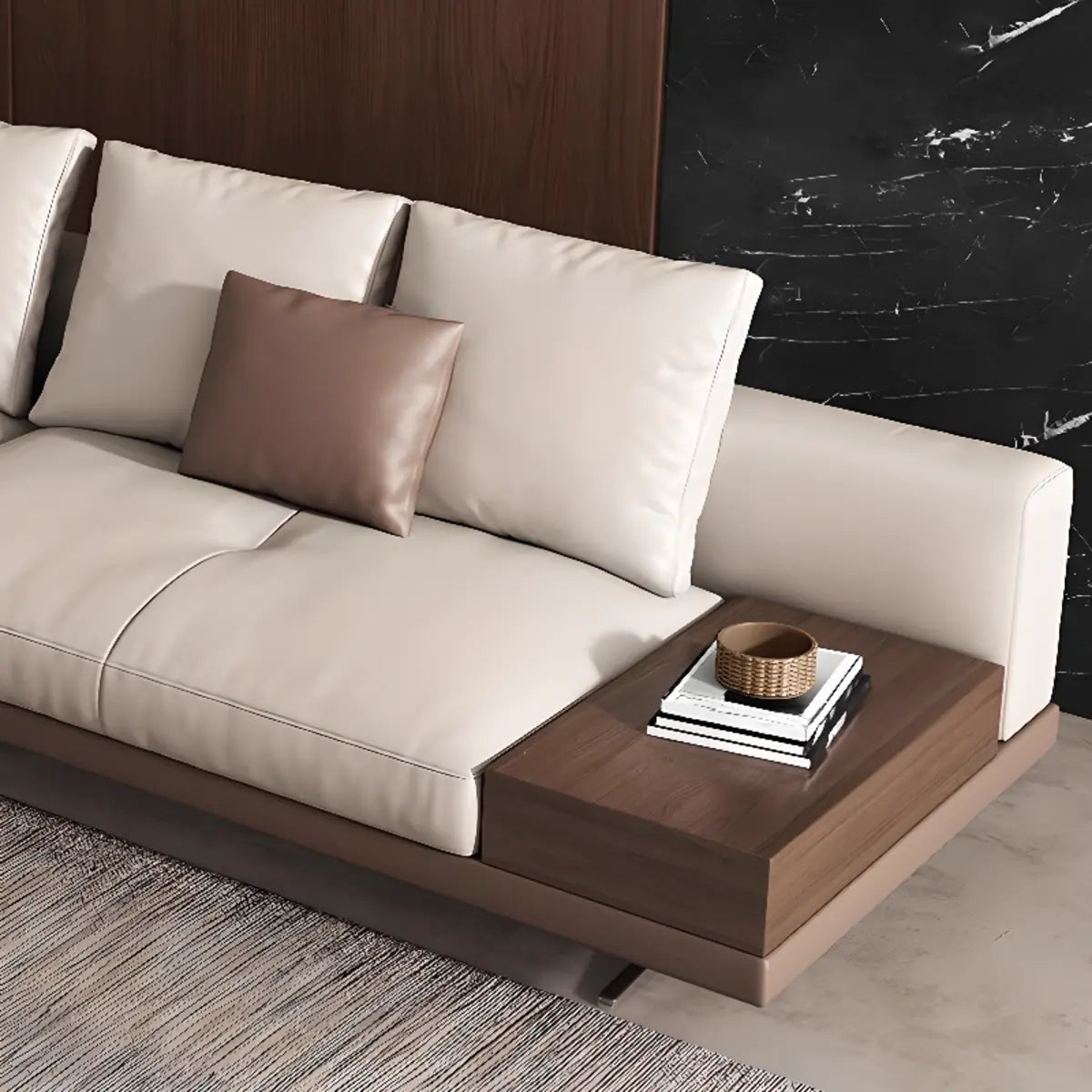 Beige Scratch Resistant Leather Pillow Back Sofa Image - 9