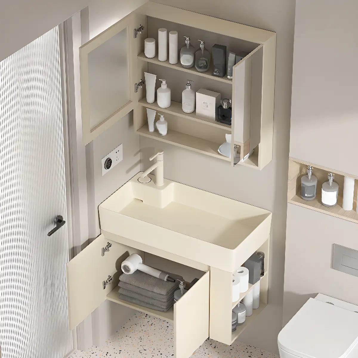 Beige Sink Ceramic Multi-Door Storage Bathroom Vanity Image - 1