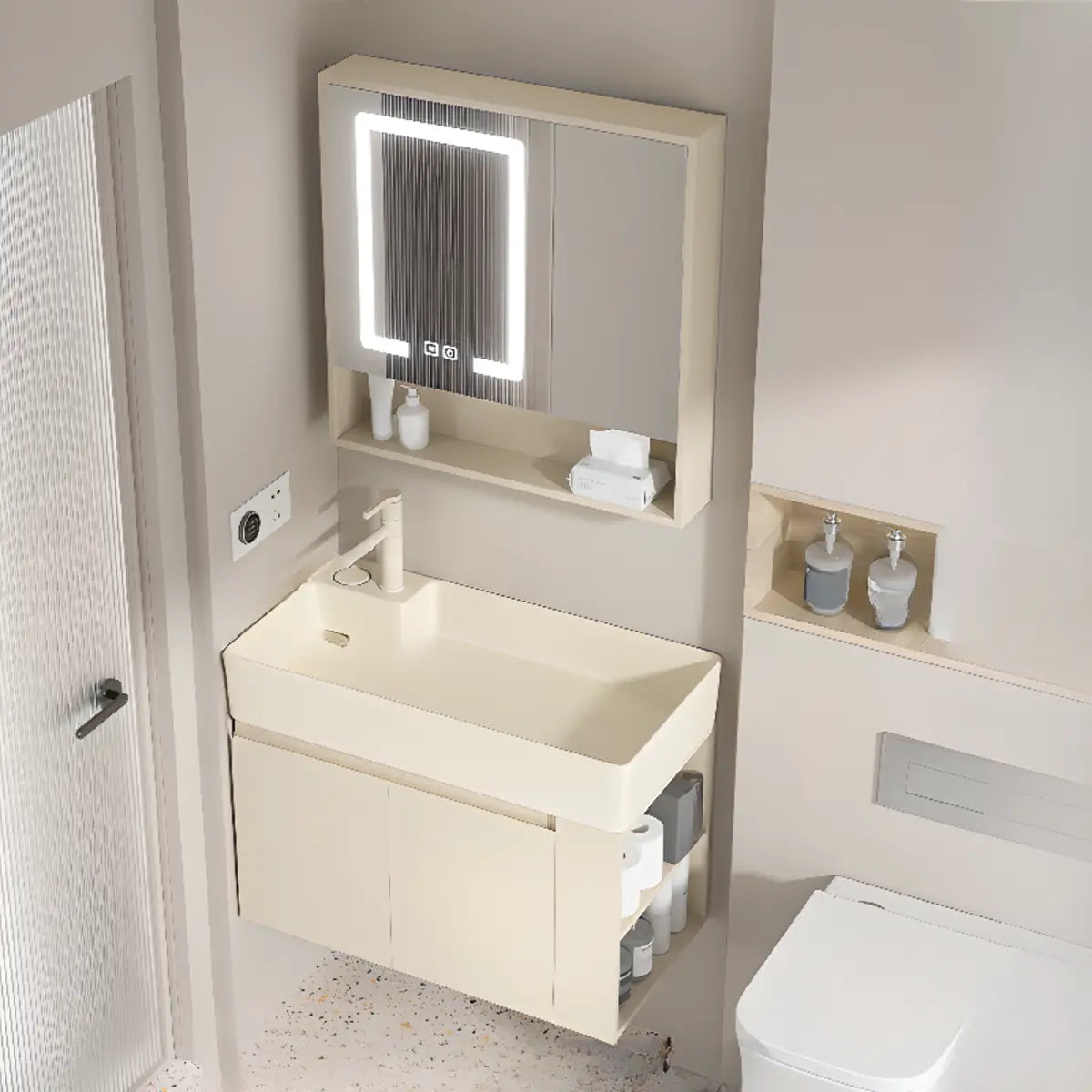 Beige Sink Ceramic Multi-Door Storage Bathroom Vanity Image - 2