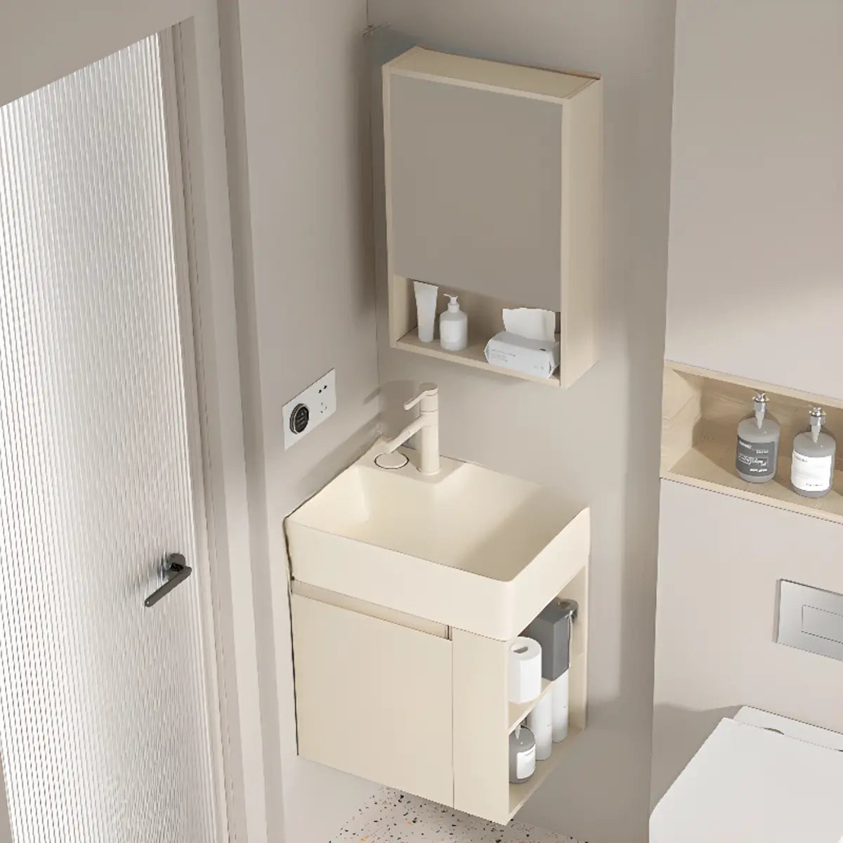 Beige Sink Ceramic Multi-Door Storage Bathroom Vanity Image - 3