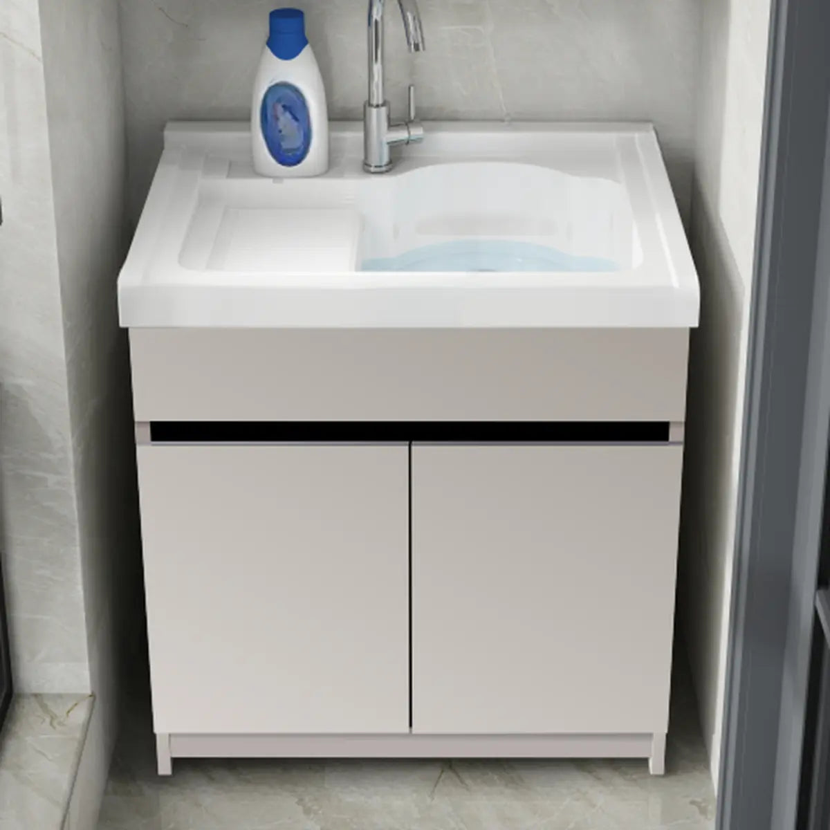 Beige Sink Stone Bathroom Vanity with Basin and Shelves Image - 3