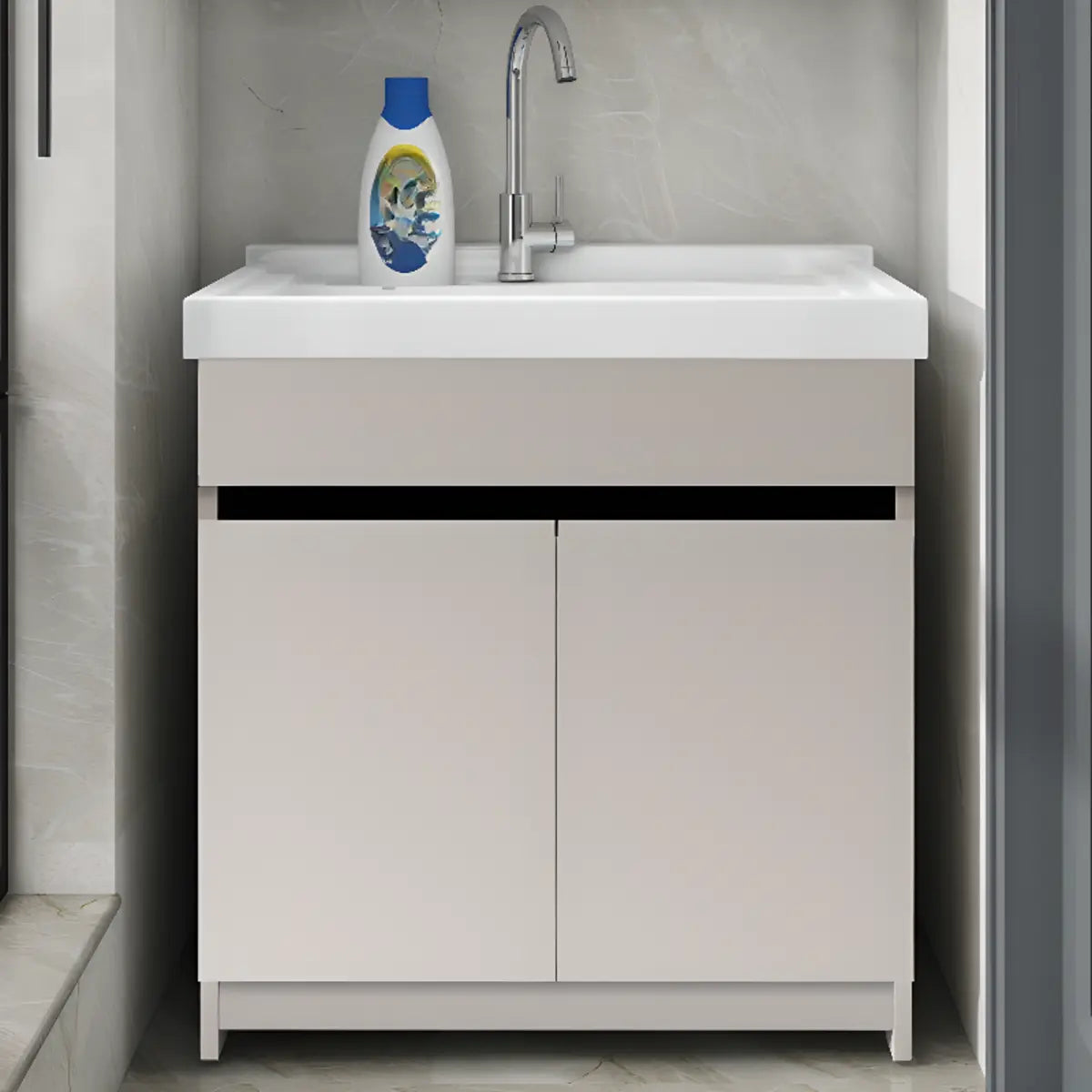 Beige Sink Stone Bathroom Vanity with Basin and Shelves Image - 4