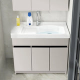 Beige Sink Stone Bathroom Vanity with Basin and Shelves Image - 7