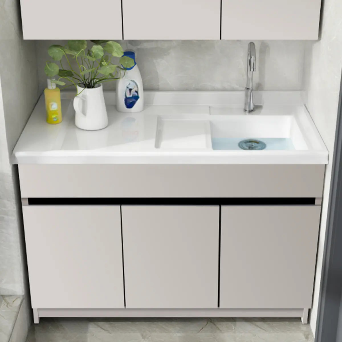 Beige Sink Stone Bathroom Vanity with Basin and Shelves Image - 9