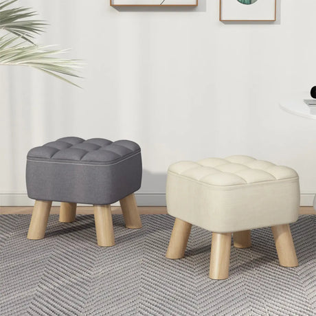 Beige Square Cotton Blend Footstool Wood Small Ottoman Image - 1