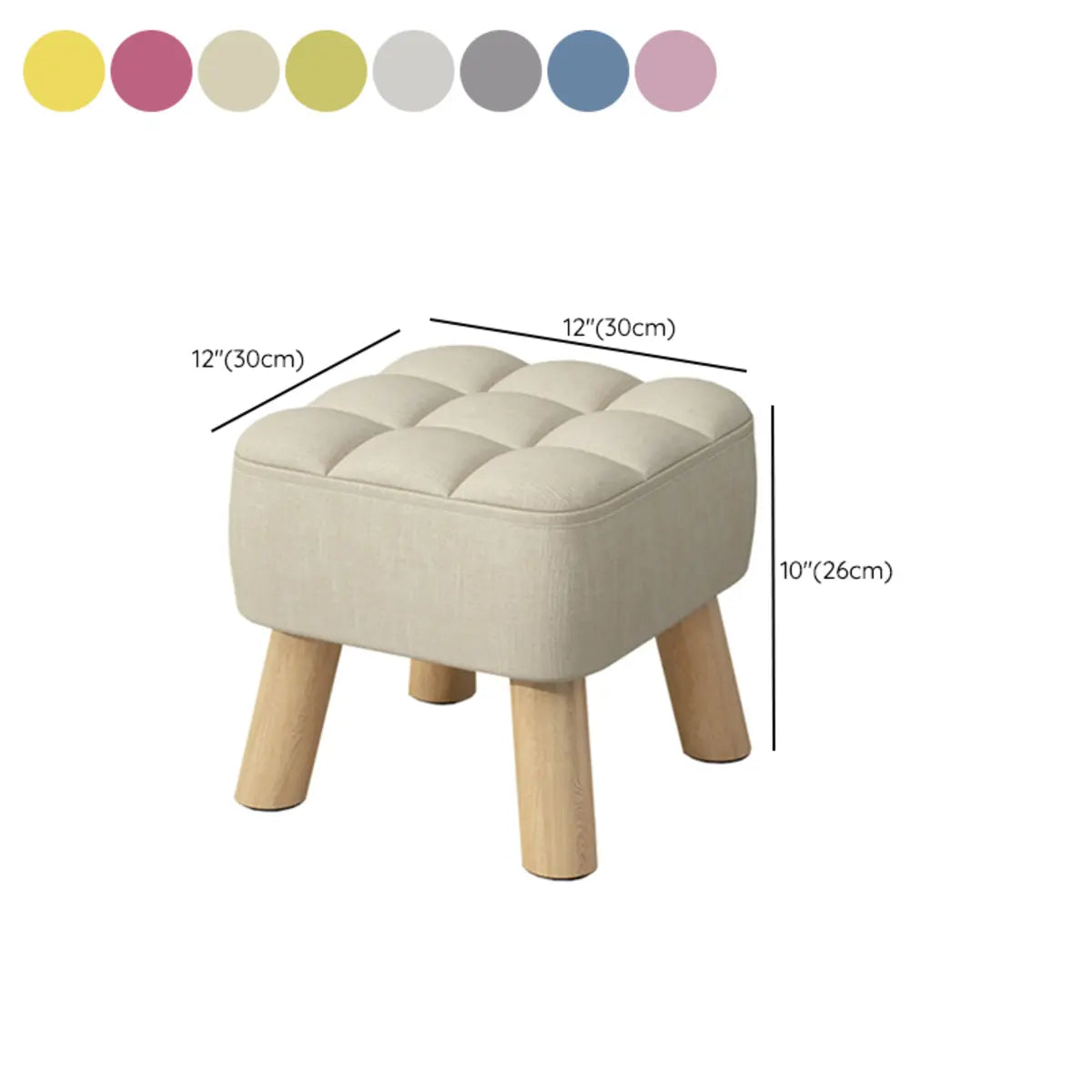 Beige Square Cotton Blend Footstool Wood Small Ottoman 