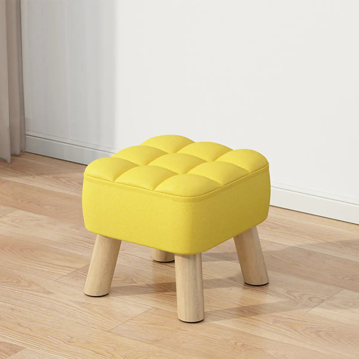 Beige Square Cotton Blend Footstool Wood Small Ottoman Image - 2