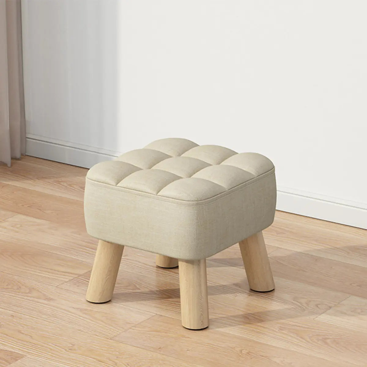 Beige Square Cotton Blend Footstool Wood Small Ottoman Image - 5