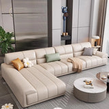 Beige Stain Resistant Leather Recessed Arm Sofa Chaise Image - 1