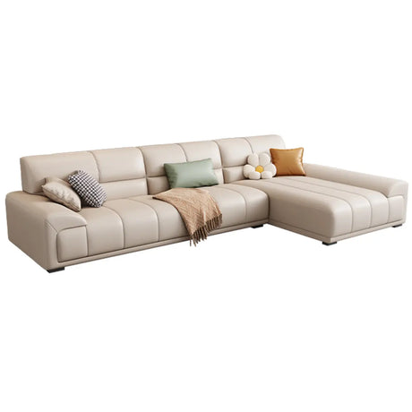 Beige Stain Resistant Leather Recessed Arm Sofa Chaise Image - 2