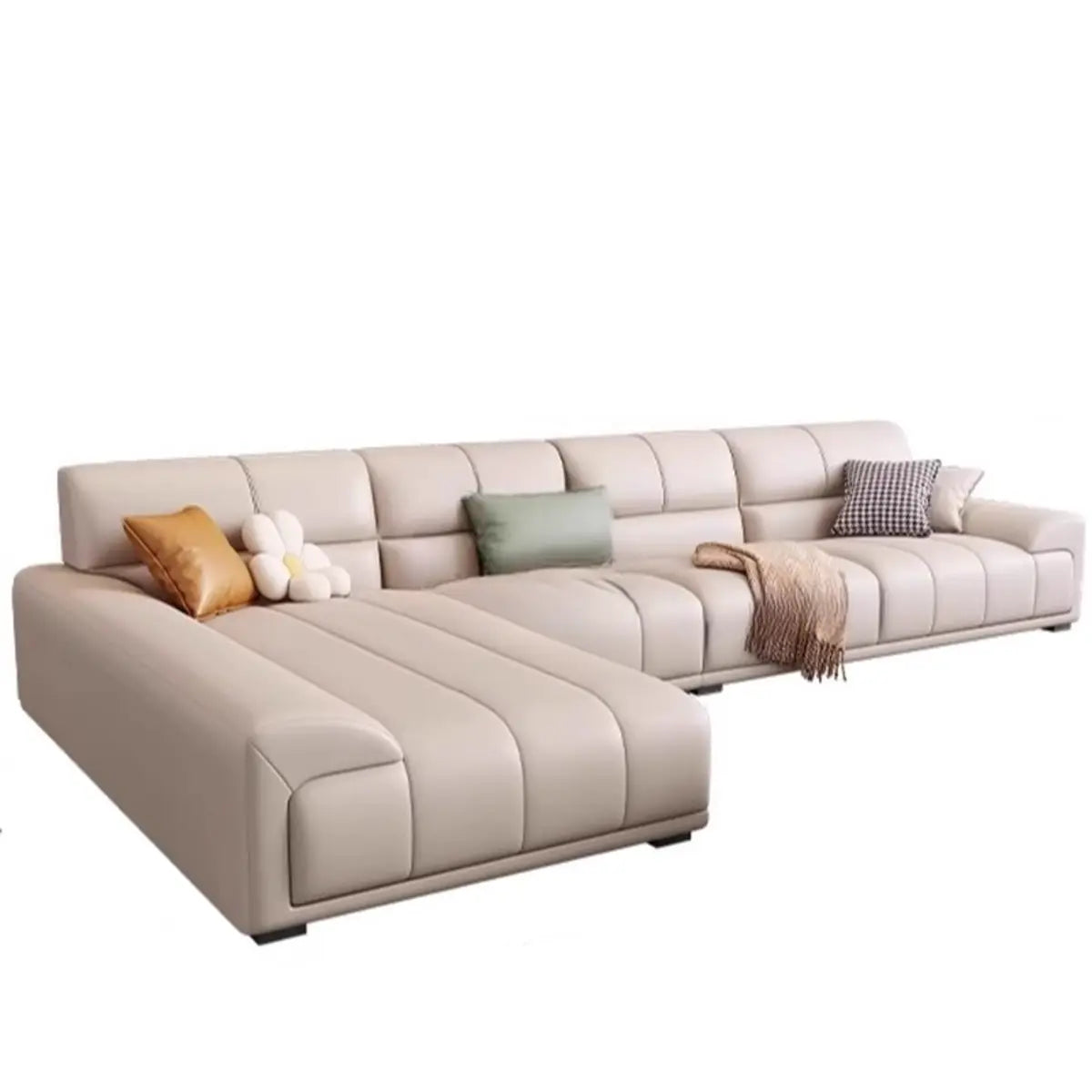 Beige Stain Resistant Leather Recessed Arm Sofa Chaise Image - 7