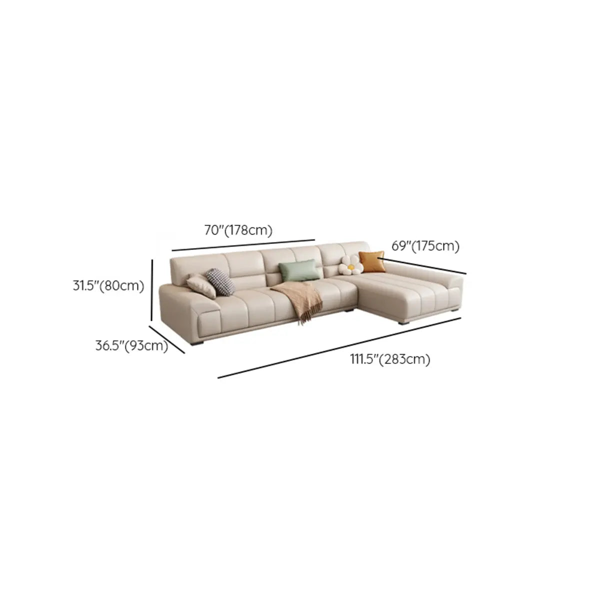 Beige Stain Resistant Leather Recessed Arm Sofa Chaise 