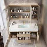 Beige Stone Countertop Wood Bathroom Vanity with Storage Image - 1