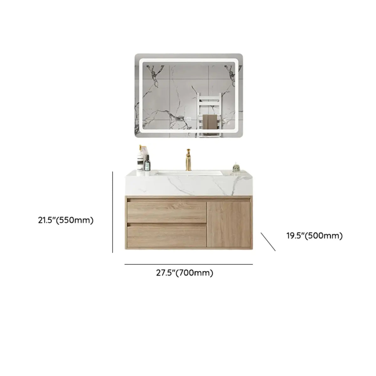 Beige Stone Countertop Wood Bathroom Vanity with Storage Image - 10