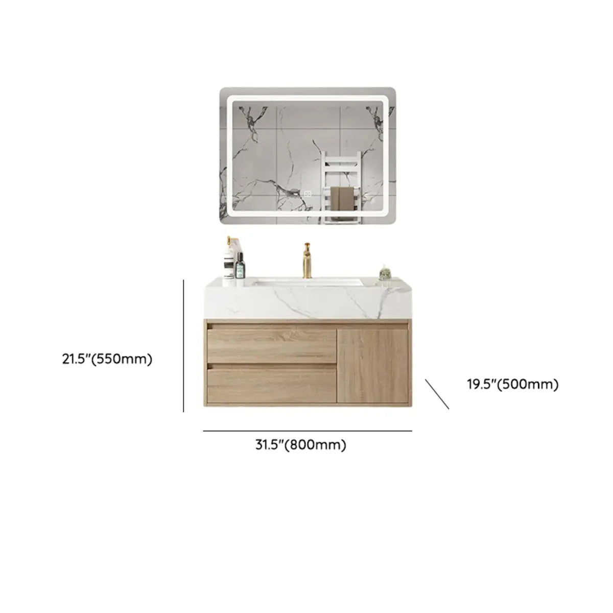 Beige Stone Countertop Wood Bathroom Vanity with Storage Image - 11