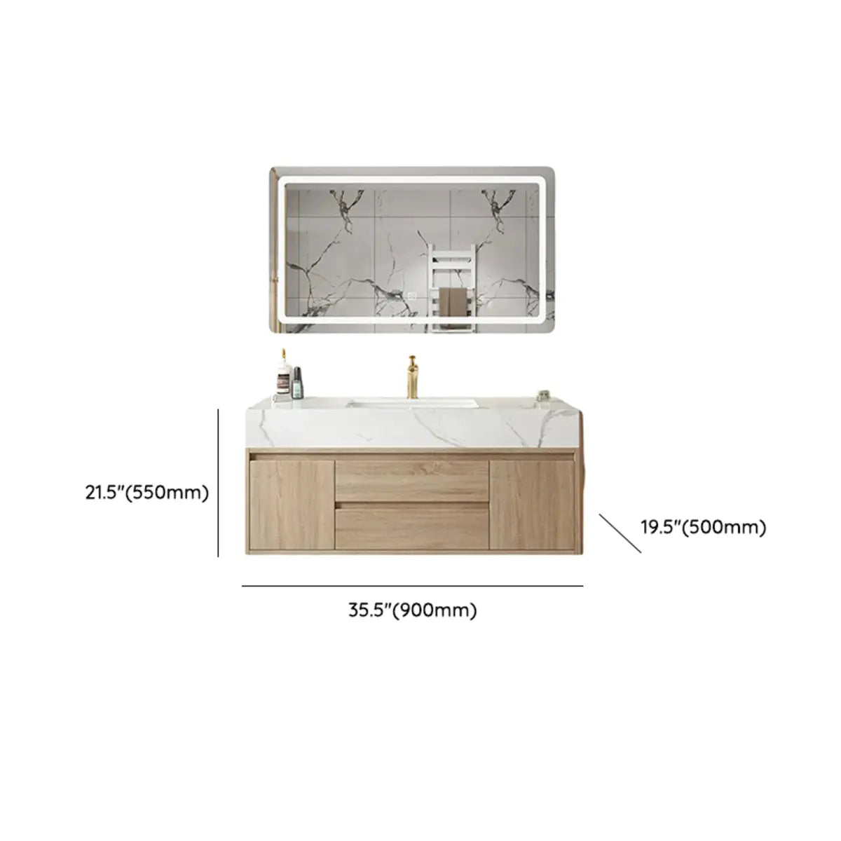 Beige Stone Countertop Wood Bathroom Vanity with Storage Image - 12