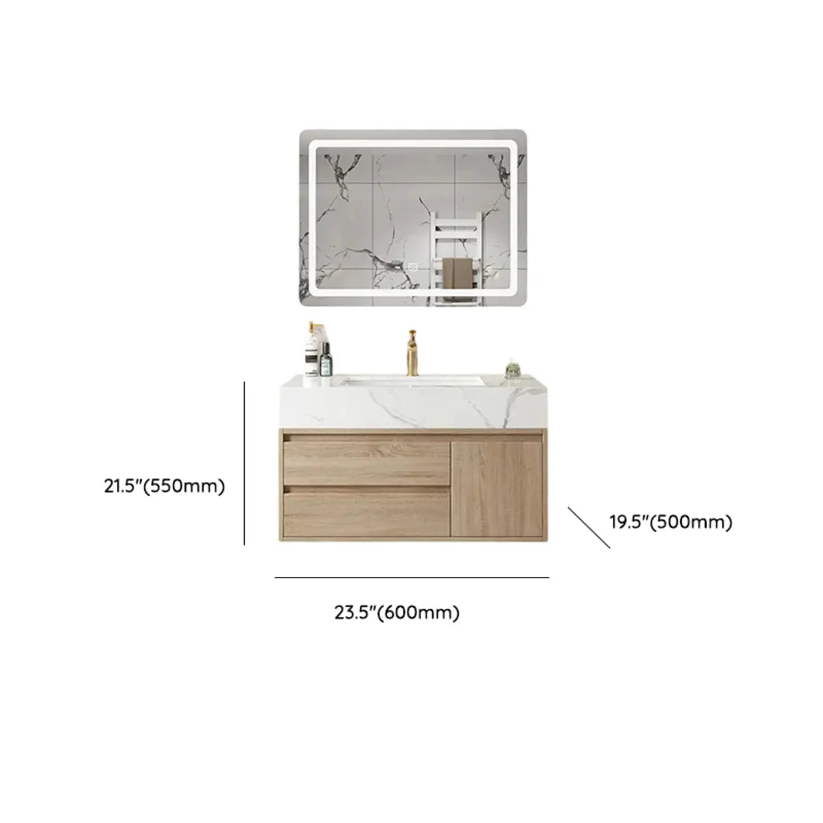 Beige Stone Countertop Wood Bathroom Vanity with Storage Image - 15