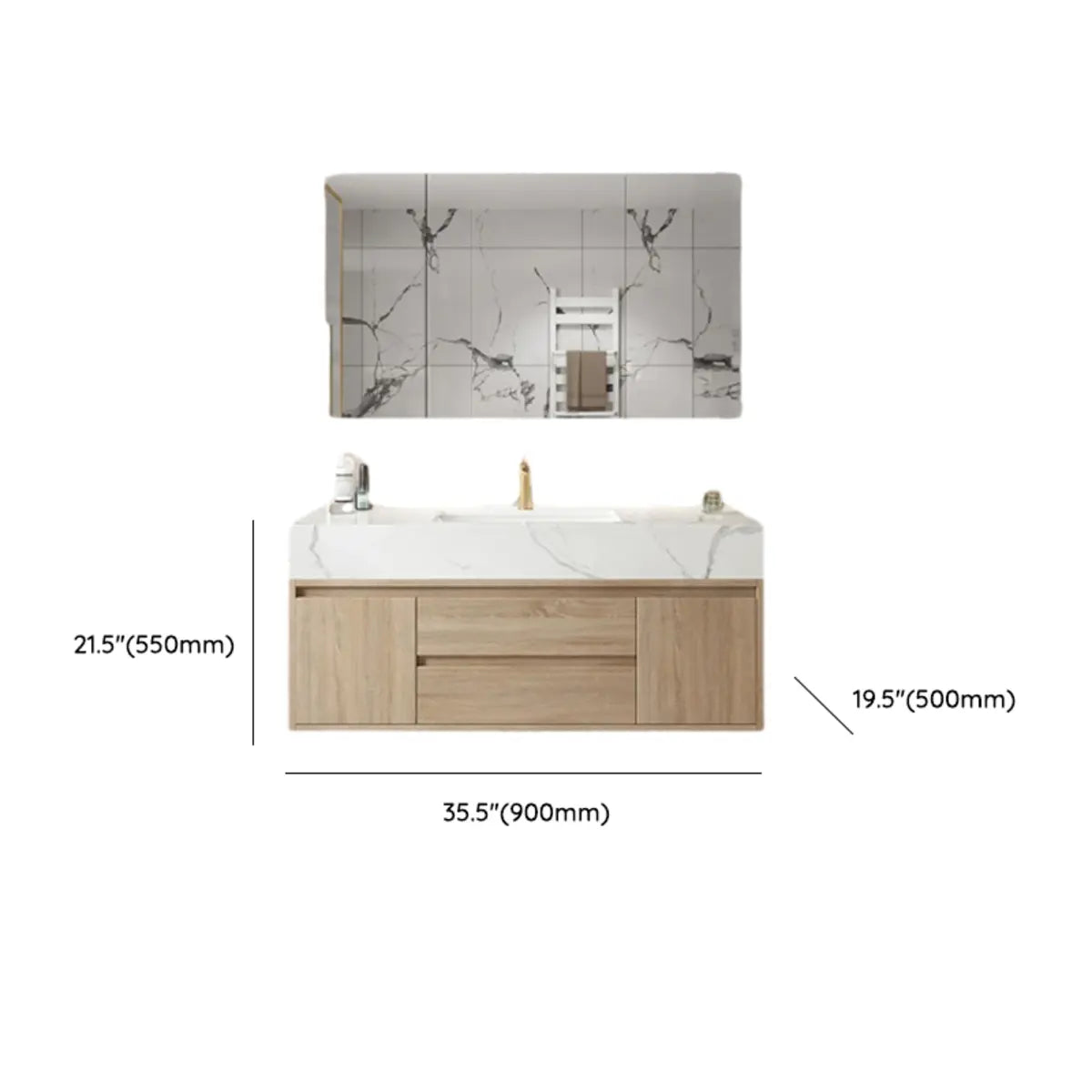 Beige Stone Countertop Wood Bathroom Vanity with Storage Image - 18