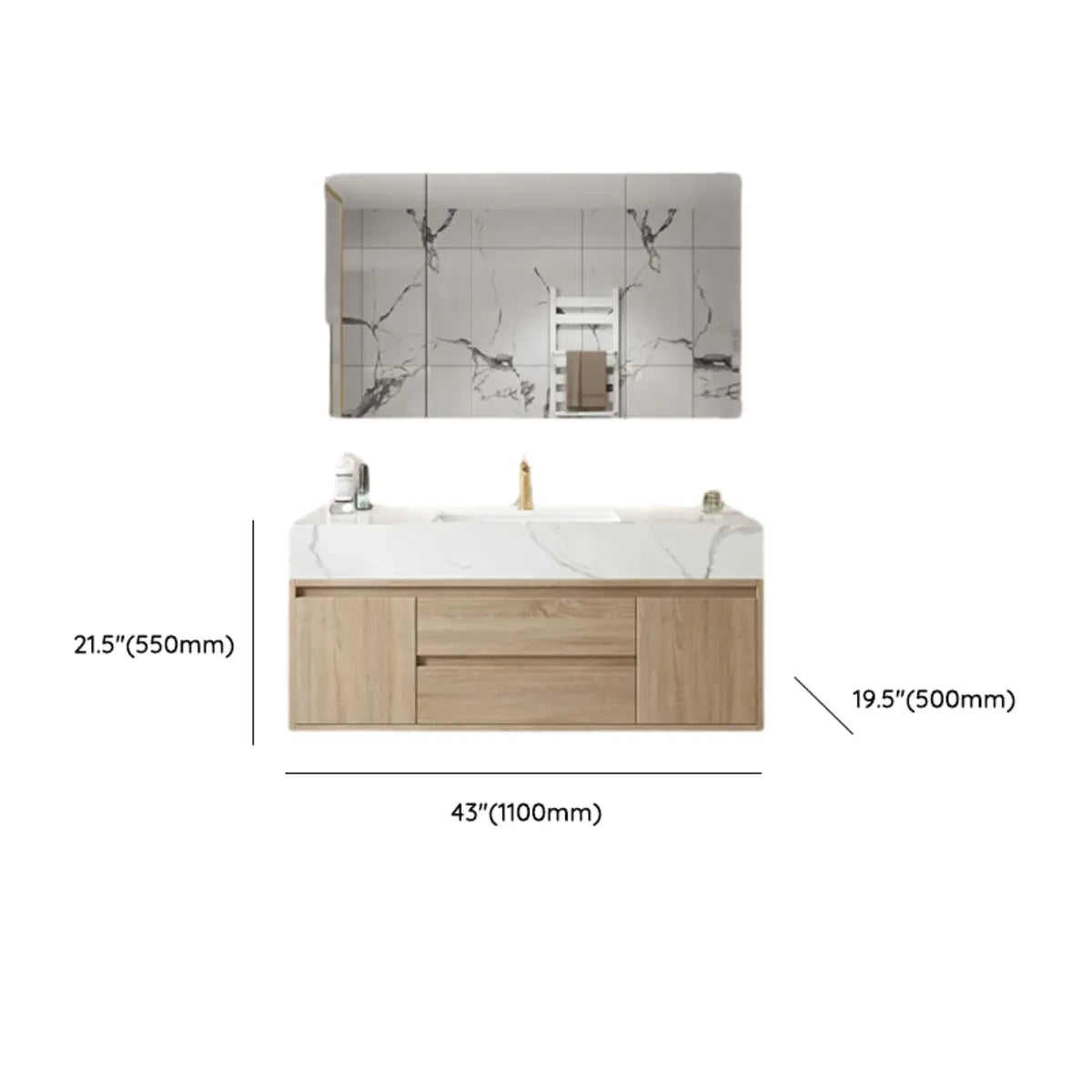 Beige Stone Countertop Wood Bathroom Vanity with Storage Image - 20