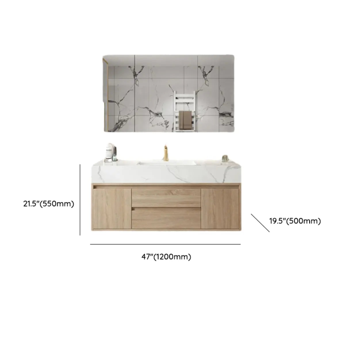 Beige Stone Countertop Wood Bathroom Vanity with Storage Image - 21