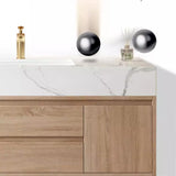 Beige Stone Countertop Wood Bathroom Vanity with Storage Image - 4