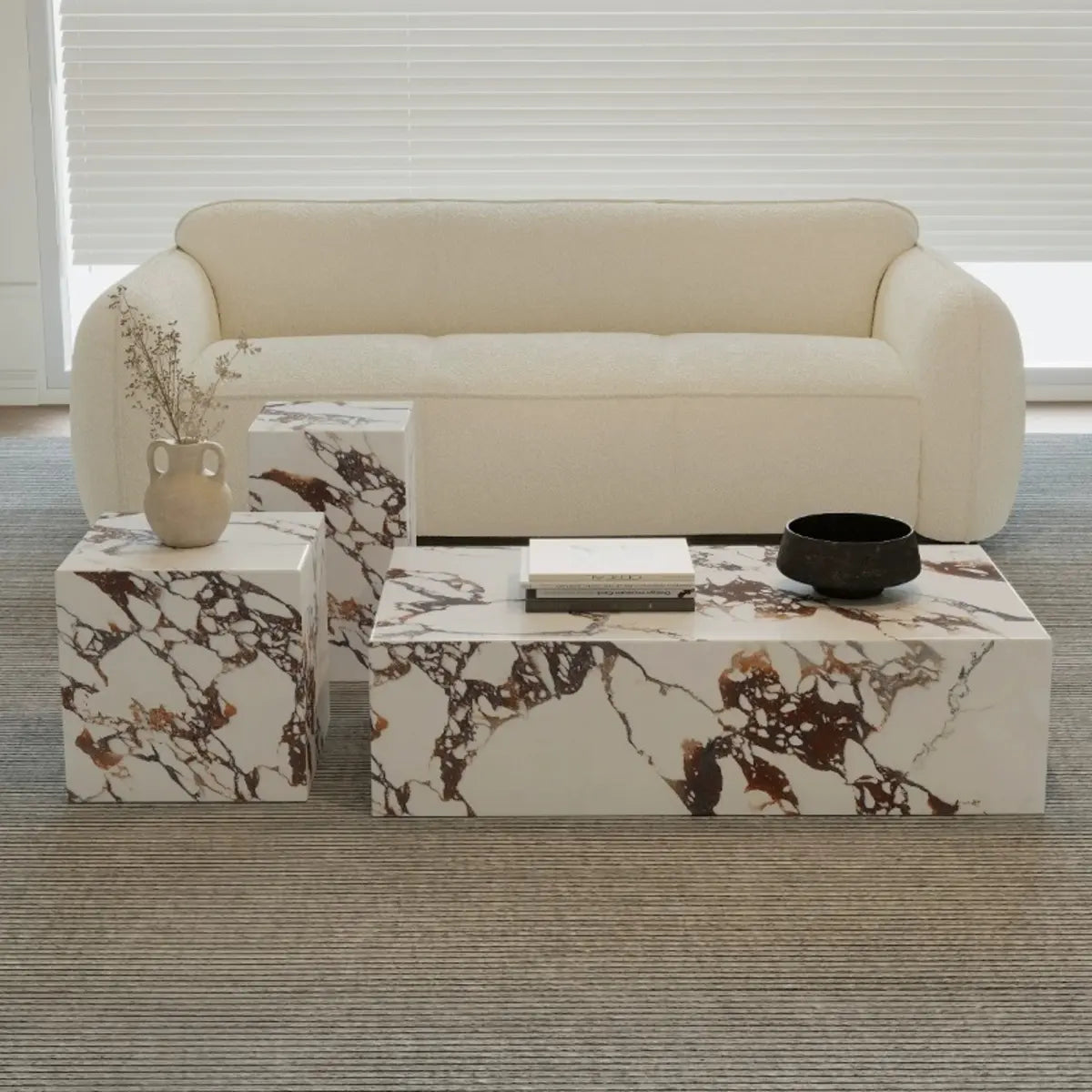 Beige Stone Rectangle Block Base Bunching Coffee Table Image - 1