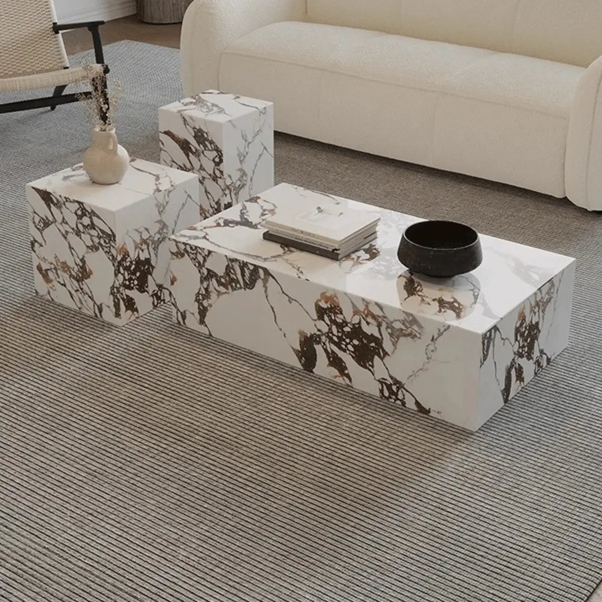 Beige Stone Rectangle Block Base Bunching Coffee Table Image - 2