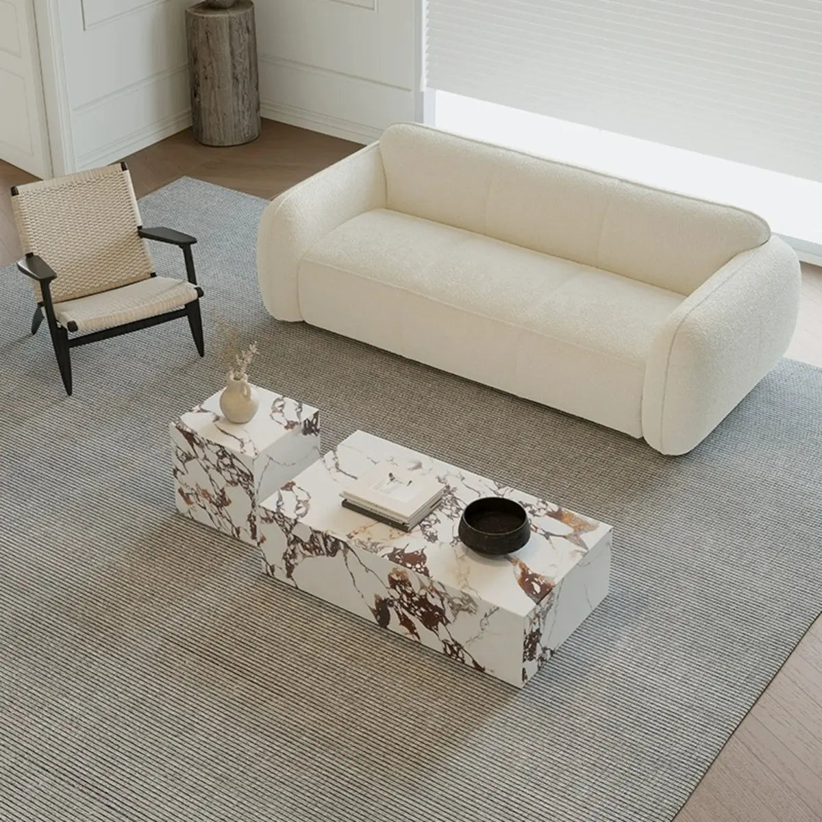 Beige Stone Rectangle Block Base Bunching Coffee Table Image - 4