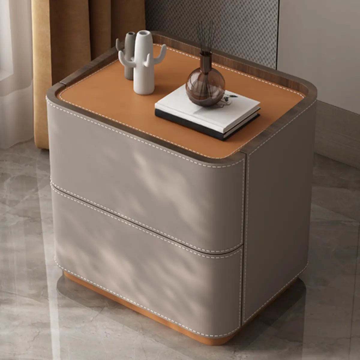 Beige Storage Stand Rounded Faux Leather Nightstand Image - 4