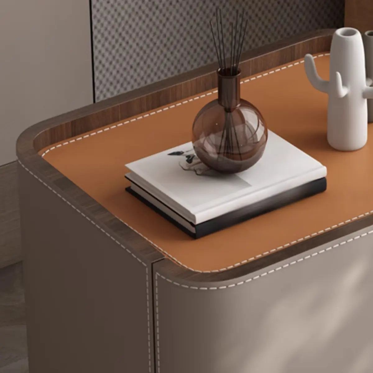 Beige Storage Stand Rounded Faux Leather Nightstand Image - 5