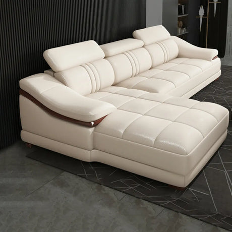 Beige Top Layer Leather Sloped Arms Left Sofa Chaise Image - 1