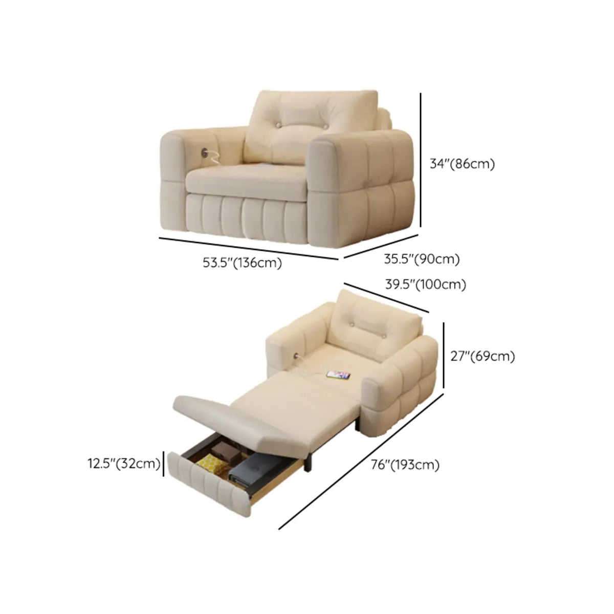 Beige Tufted Back Arms Loveseat Storage Futon Sofa Image - 12