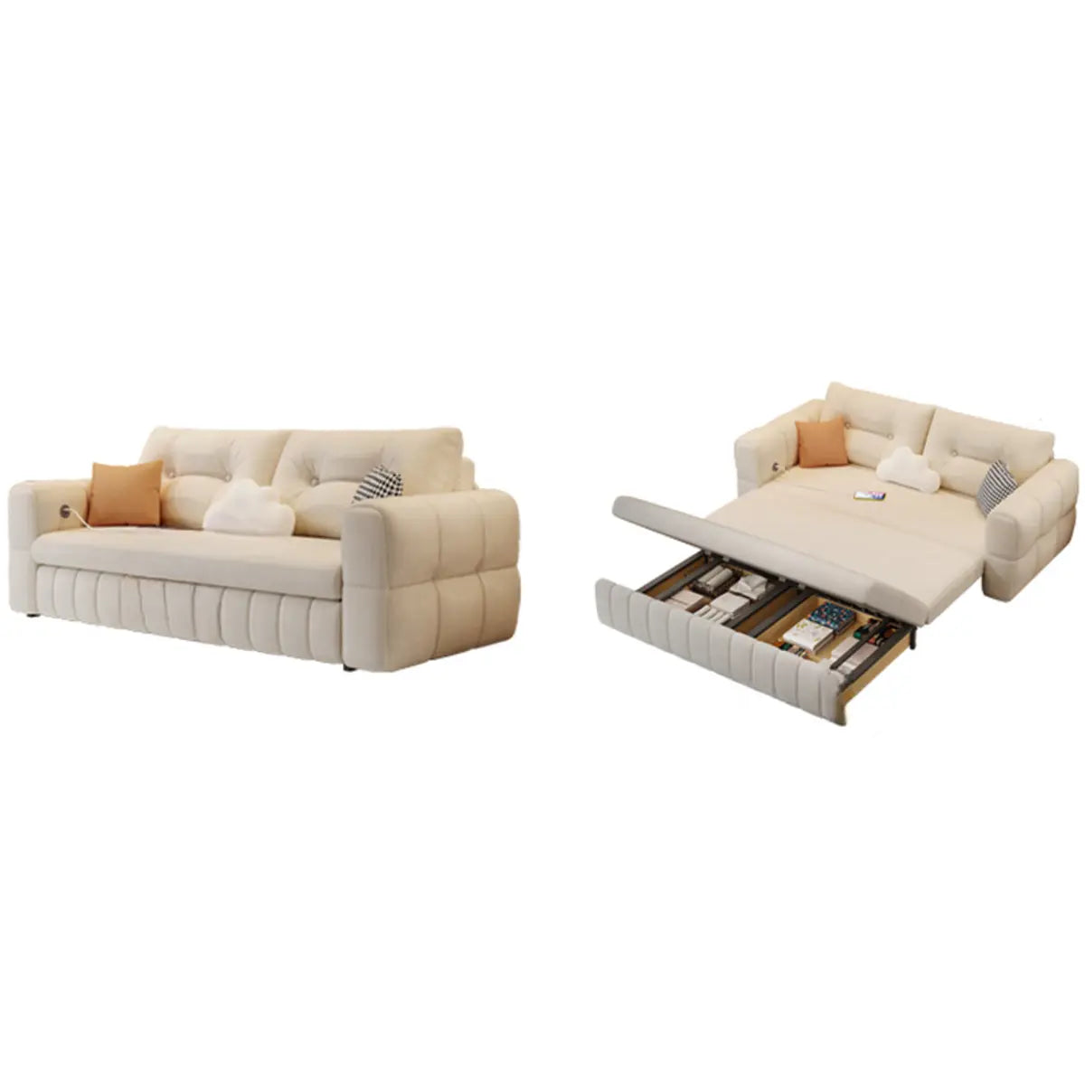 Beige Tufted Back Arms Loveseat Storage Futon Sofa Image - 3