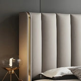 Beige Upholstered Headboard Wood Wingback King Bed Image - 4