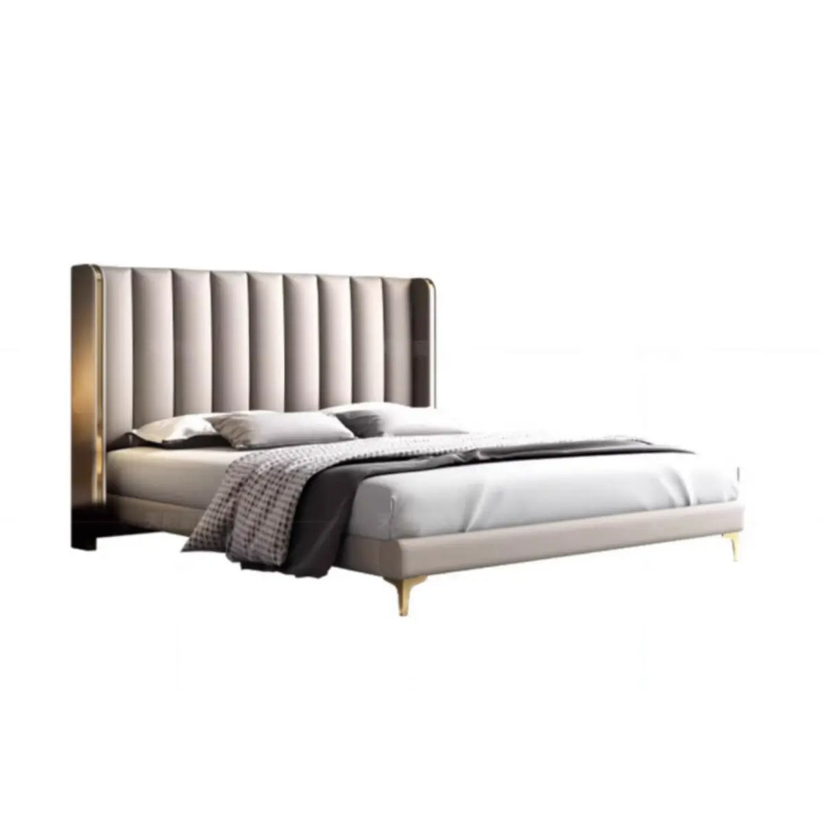 Beige Upholstered Headboard Wood Wingback King Bed Image - 5