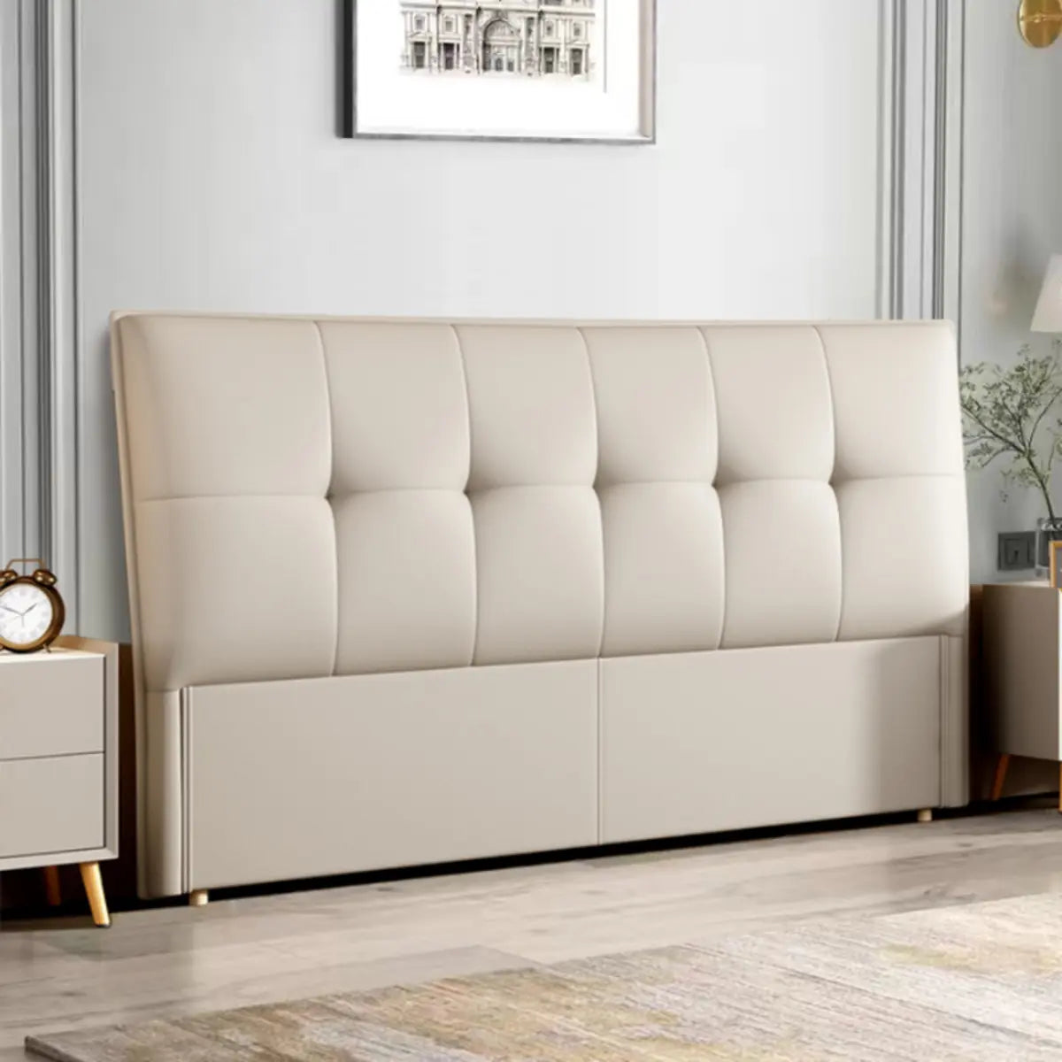 Beige Upholstered Rectangle Panel Headboard  with Legs Image - 1