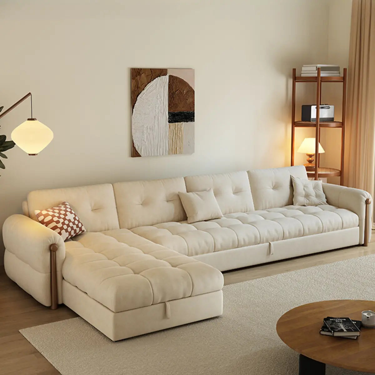 Beige Velvet Round Arm Left Sofa Chaise with Storage Image - 1