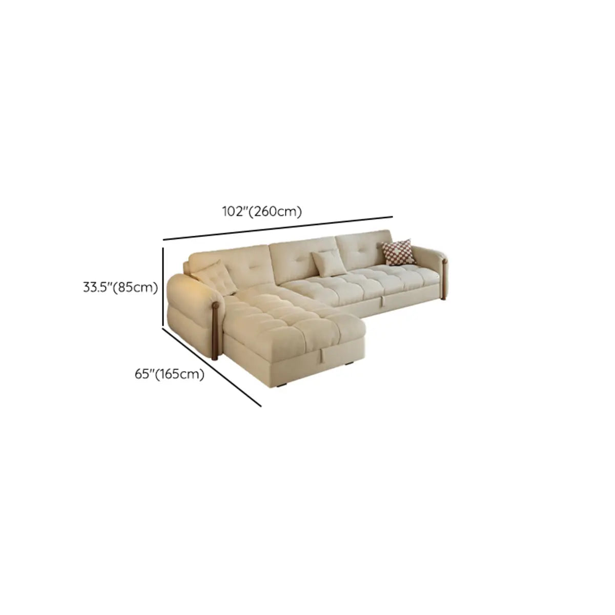 Beige Velvet Round Arm Left Sofa Chaise with Storage 