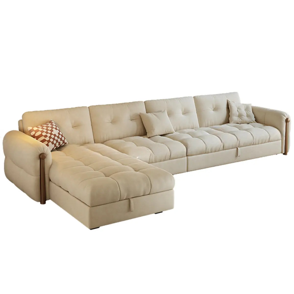 Beige Velvet Round Arm Left Sofa Chaise with Storage Image - 5