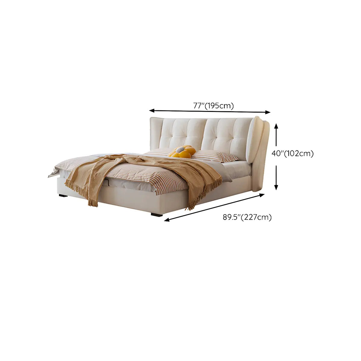 Beige Wood Upholstered Headboard Storage Wingback Bed 