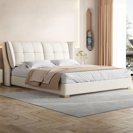 Beige Wood Upholstered Wingback Bed with Headboard Image - 1