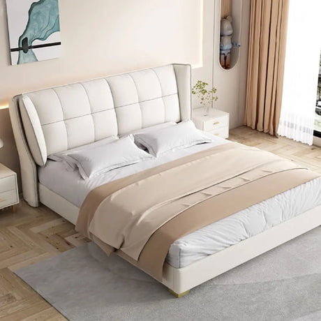 Beige Wood Upholstered Wingback Bed with Headboard Image - 2