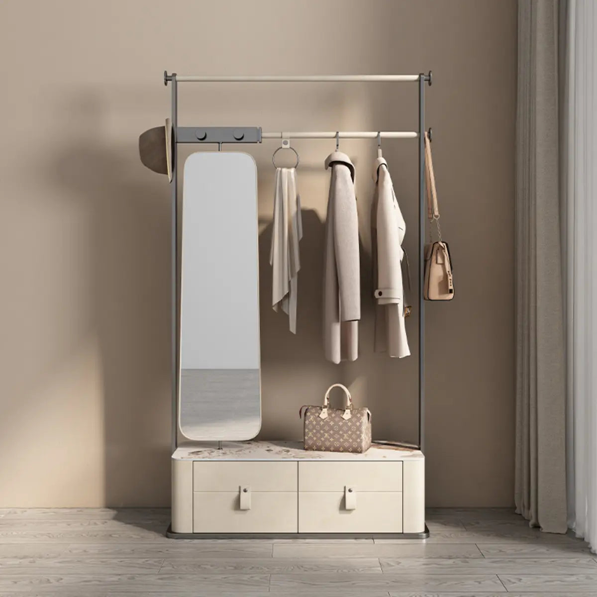 Bench Storage Metal Drawers Hooks Coat Rack with Mirror Image - 2