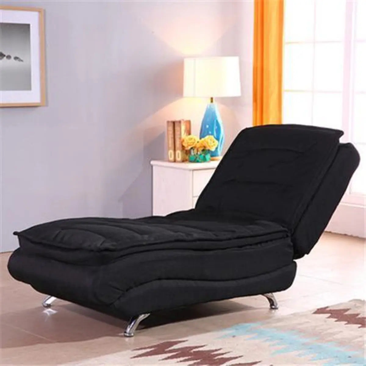 Black Adjustable Plush Fabric Recliner Armless Chaise Image - 1